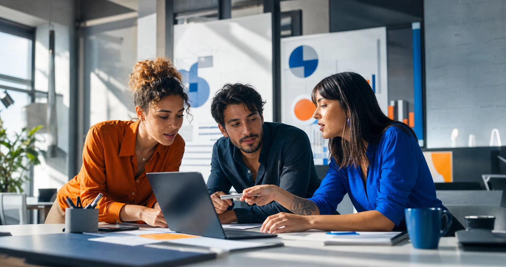 Equipe de marketing colaborando em uma estratégia digital
